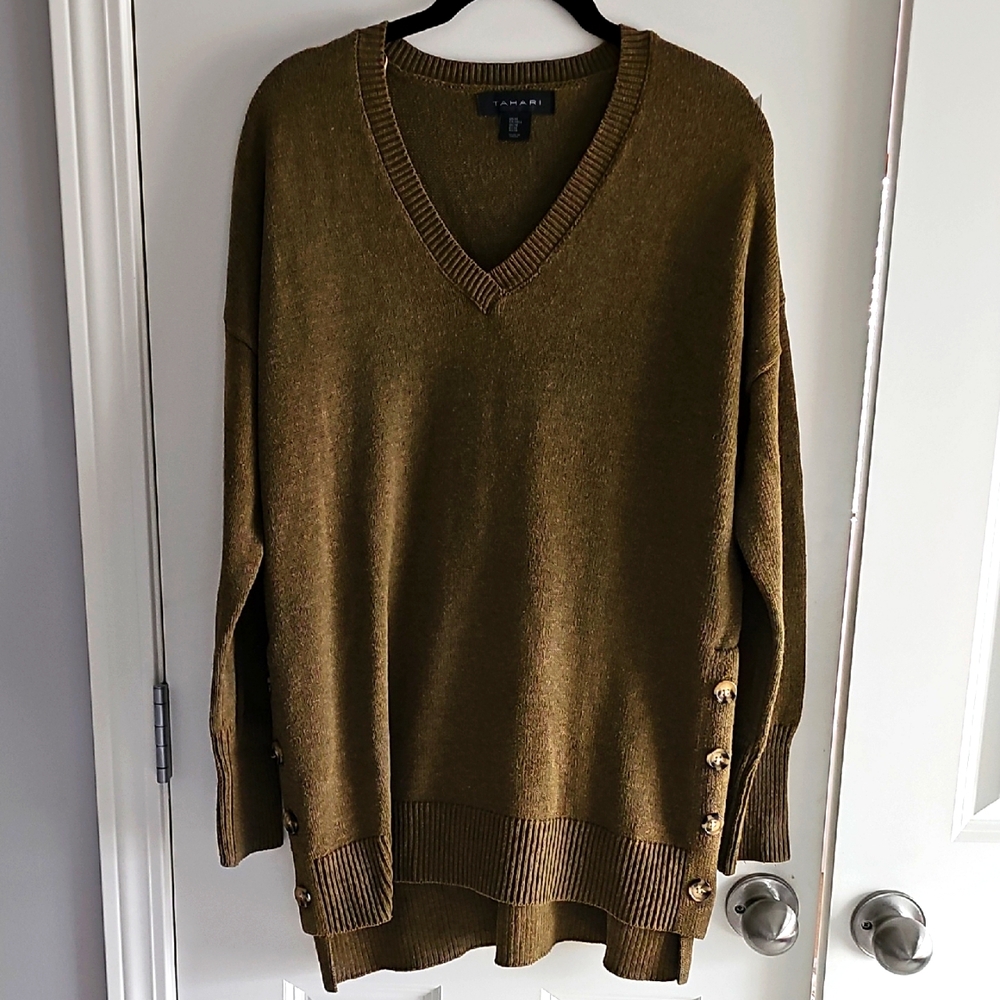 Tahari Olive Green V-Neck Sweater with Button Details